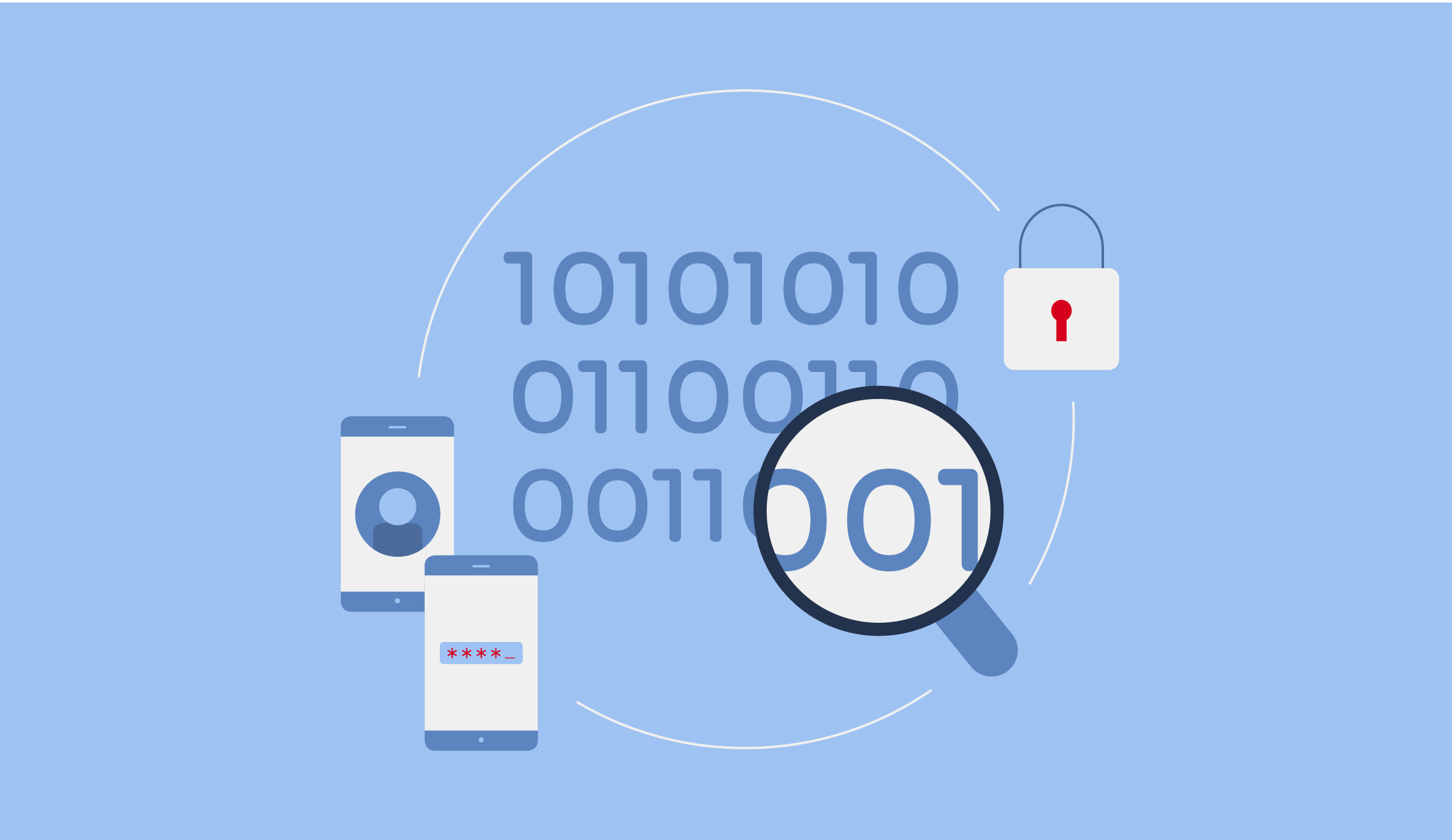 Magnifying glass looking at code and phones