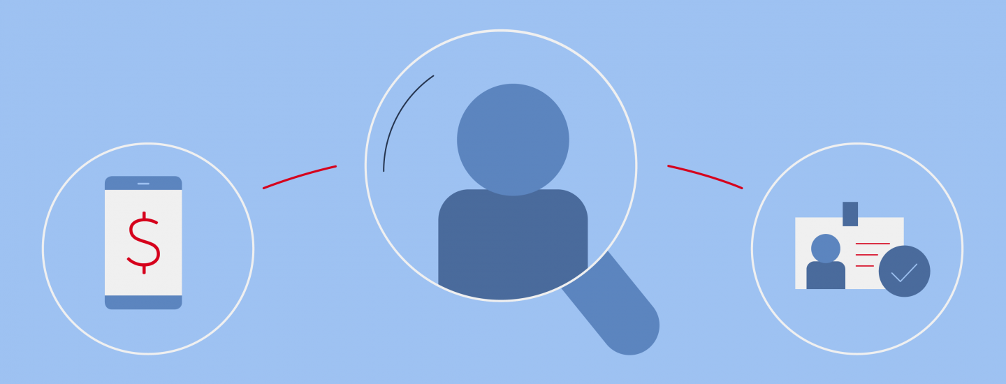 Magnifying glass looking at the icon of a person, a phone showing a dollar sign and an ID badge