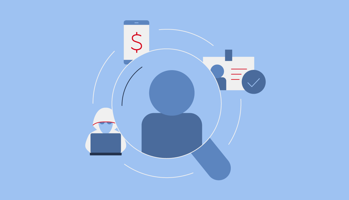Illustration of magnifying glass with fraudster, mobile, card icons