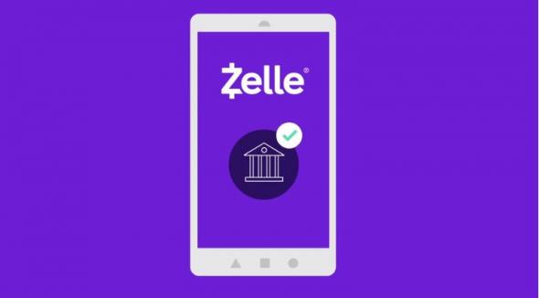 purple background with mobile phone displaying zelle and a checkmark