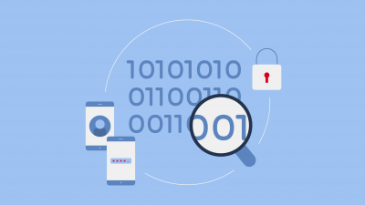 Magnifying glass looking at code and phones