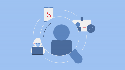 Illustration of magnifying glass with fraudster, mobile, card icons